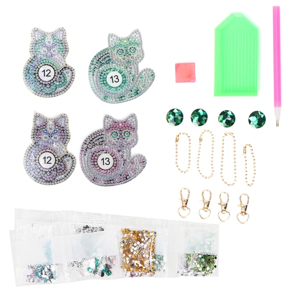Tee-se-itse timantti-avaimenperä hartsipaljetteja kissan muotoinen käsintehty avaimenperä koristeellinen riipus (4 kpl (DIY Diamond))