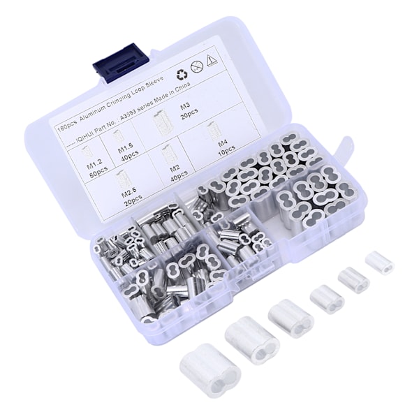 180 stk. Krympe Loop Sleeve Kit 6‑Størrelse Aluminium Dobbelt Tønde Ferrule Universal til Wire Rope Kabel Line End