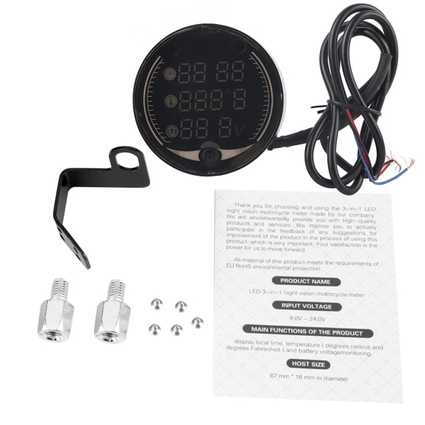 3-i-1 Motorcykel Elektronisk Digital Termometer Voltmeter Tid Ur Temperaturmåler