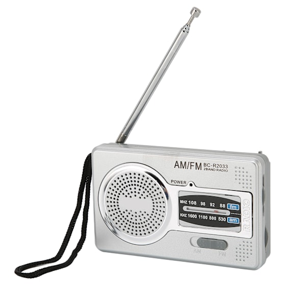 Bærbar mini AM/FM-transistorradio med DSP-chip, højttaler og hovedtelefonstik - Sølvgrå