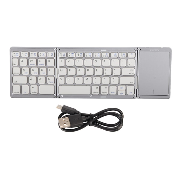 3-folds trådløst tastatur med pekeplate Sammenleggbart tastatur for nettbrett-pc-smarttelefon Innebygd batteri B089T Sølvhvit
