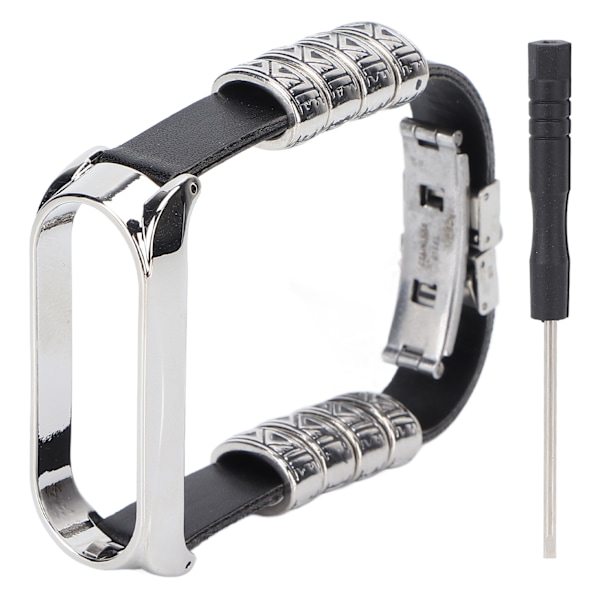 Retro Läder Armband för Xiaomi Mi Band 5/6 NFC Mode Retro Läder Armbandsur Svart Silver