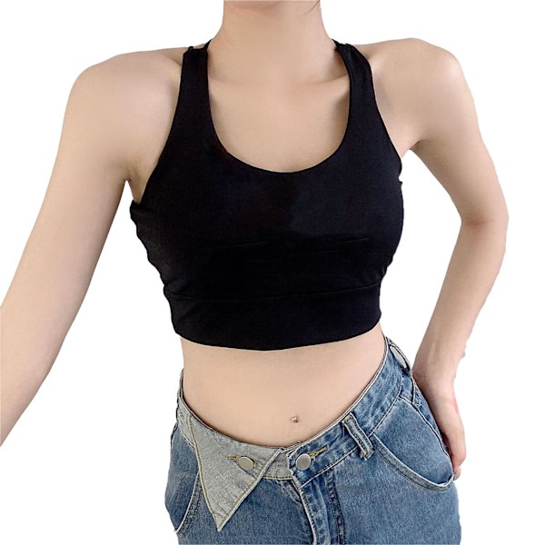 Women Tank Top Slim Fit Chest Fixed Breathable Letter Printing Cross Back Strap Basic Camisole Black Free Size (For 40 to 62.5kg/88.2 to 137.8lb)