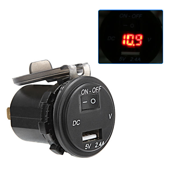12V IP66 2.4A LED Digital Telefonoplader Uafhængig Kontaktadapter med 60 cm Ledning Rød DC12-24V