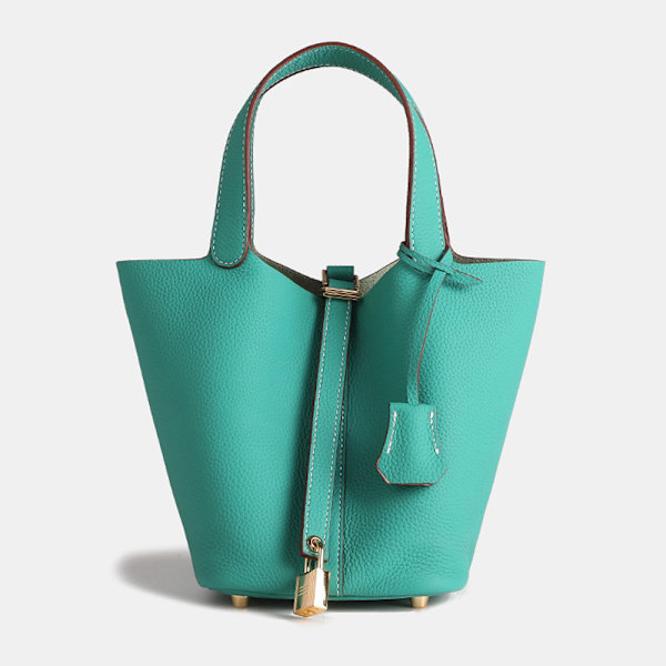 Lake Blå Ku Skinn Bucket Bag med Lychee Mønster Perfekt for Daglig Bruk Lake blue