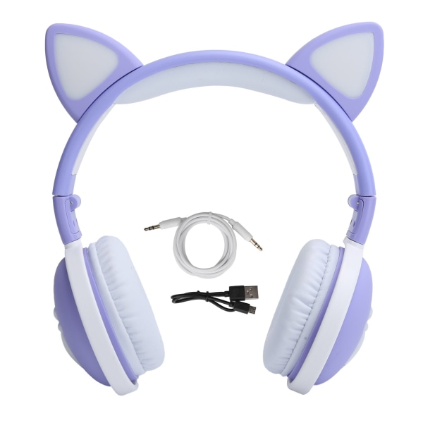 Söt kattöra glödande trådlösa Bluetooth hörlurar HIFI Sports Folding Headset med LED LightLight Lila