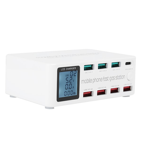 Multifunktionel USB-opladerstation med smart stikkontakt og beslag - 8 i 1, 100W, 100-240V EU