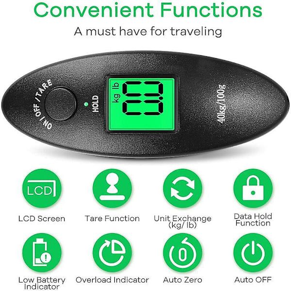 Portabel LCD Digital Bagagevåg - Lätt med Bakgrundsbelysning - 40 kg Kapacitet - Perfekt för Resor, Kök och Fiske