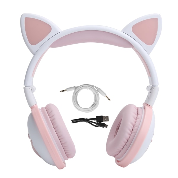 Söpö kissan korva, hehkuva langaton Bluetooth kuuloke HIFI-urheilullinen taitettava kuulokemikrofoni ledillä vaaleanpunainen valkoinen