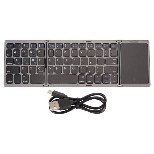 3-folds trådløst tastatur med touchpad Foldebart tastatur til Tablet PC Smartphone Indbygget batteri B089T Grå Sort