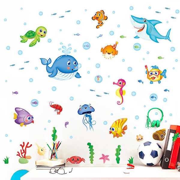 Under the Sea Wall Stickers Set - Fish, Shark, Turtle, Jellyfish Wall Decor for Kids Room, Nursery, Bathroom