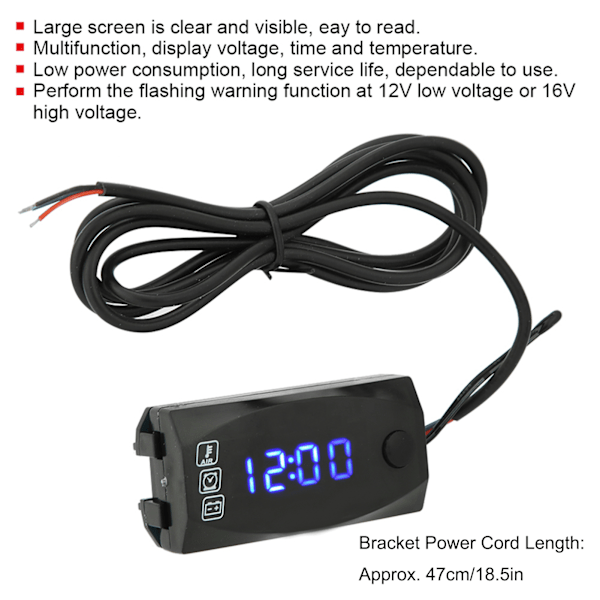 3-i-1 Motorcykel LED Voltmeter Termometer Elektronisk Klocka Mätare IP67 Vattentät Mätare 6V-30V