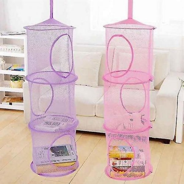 Hengende 3 hylle, nettpose for oppbevaring av leketøy for barn Pink