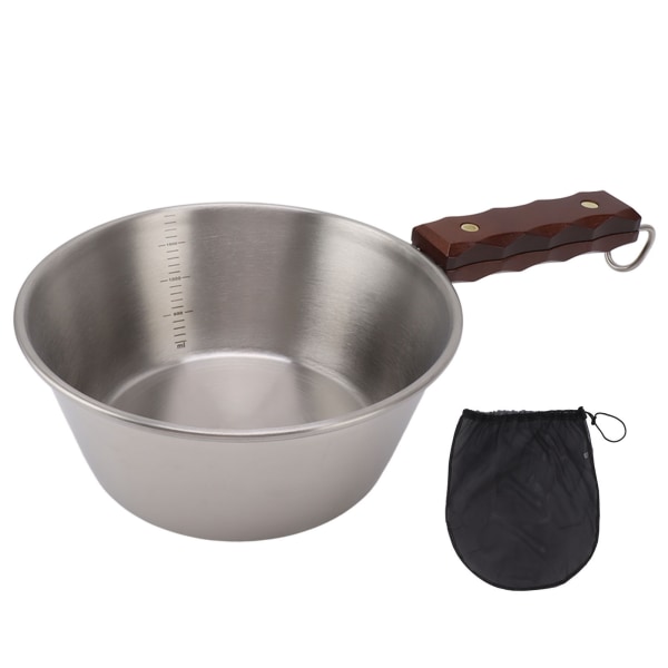 Camping Skillet 304 Stainless Steel 2000ML Wood Handle Safe Portable for Outdoor Hiking Picnic Silver