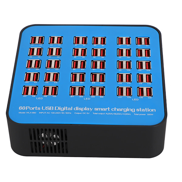 60-ports USB-ladestasjon med intelligent PC ABS brannsikkert skall - 300W, EU-kontakt