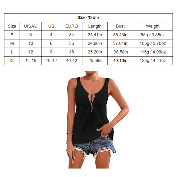 Naisten tankkitoppi vetoketjukiinnityksellä, yksivärinen, tyylikäs hihaton paita kesäkäyttöön, musta, koko S