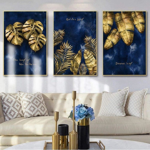 Nordic Luxury Navy Blue Gold Abstract Texture Canvas Print Wall Art -juliste olohuoneen sisustukseen (60x80cm, 3 set )