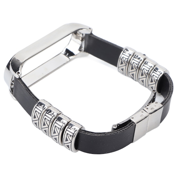 Retro Läder Armband för Xiaomi Mi Band 5/6 NFC Mode Retro Läder Armbandsur Svart Silver