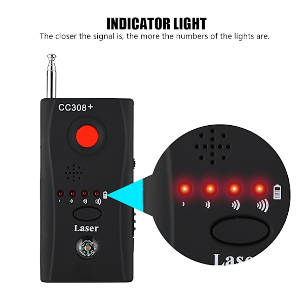 Trådlös buggdetektor - upptäcker RF-signaler 1MHz-6500MHz, 4 lägen, justerbar känslighet