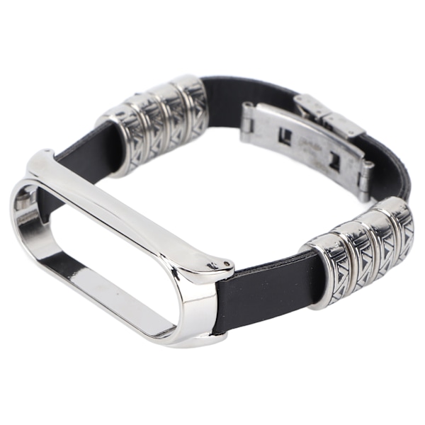 Retro Läder Armband för Xiaomi Mi Band 5/6 NFC Mode Retro Läder Armbandsur Svart Silver