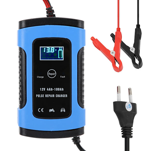Intelligent 12V/6A motorcykelbatterilader - digitalt display, reparationsværktøj [EU-stik]