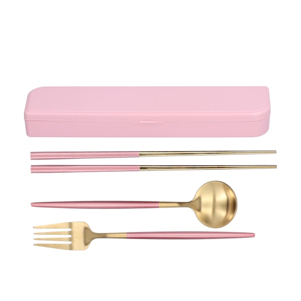 3Pcs/Set Portable Travel Utensils Stainless Steel Spoon Fork Chopsticks Set for SchoolPink Gold (Pink Storage Box)