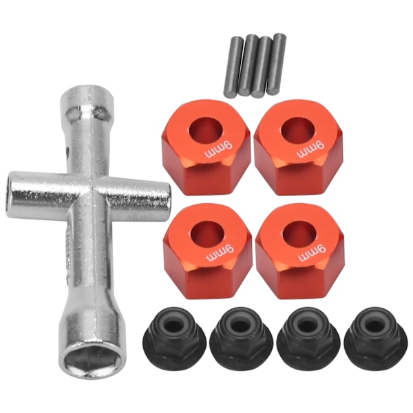 12mm Hjul Hex Hub Adapter 9mm Tyk M4 Flanger Låsemøtrikker Krydsnøglesæt til 1/10 RC Bil Rød