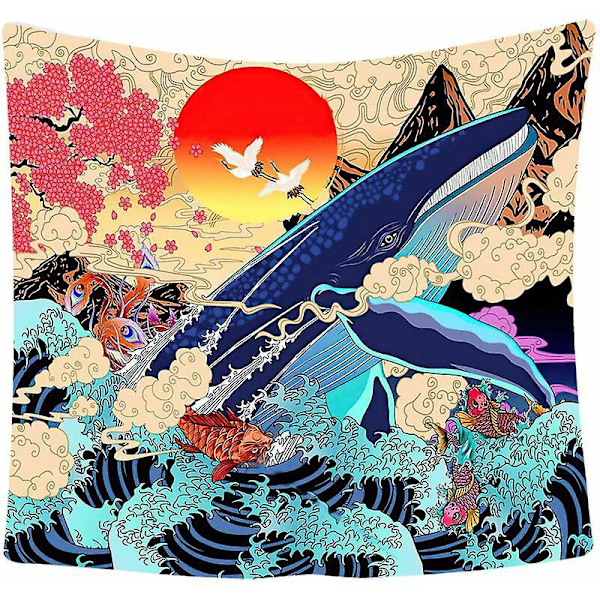 Sea Koi Tapestry - Large Whale Sunset Landscape Wall Hanging for Bedroom and Living Room (Wave, 150cm x 200cm)