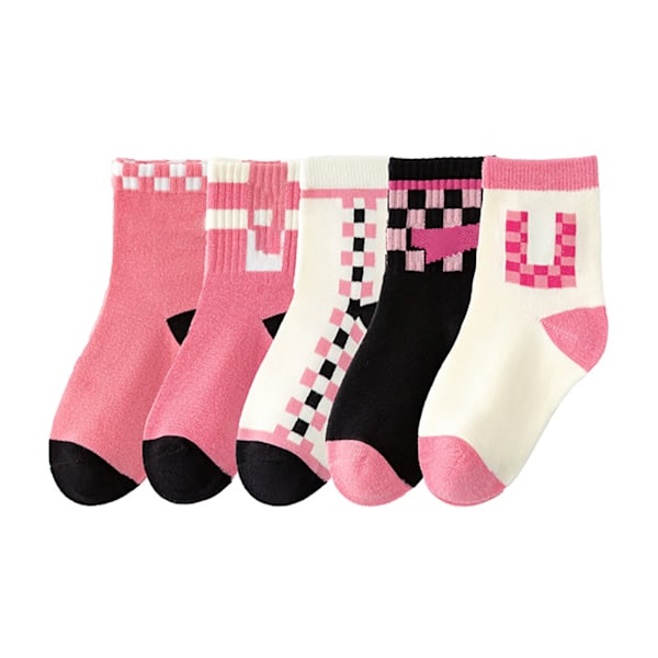 5 Par Strumpbyxor för Flickor, Mid-Calf, Söt Rutmönster, Mjuka Bomullsstrumpor för Barn, Crew-Strumpor för Höst och Vinter, Storlek M för 3-5 År