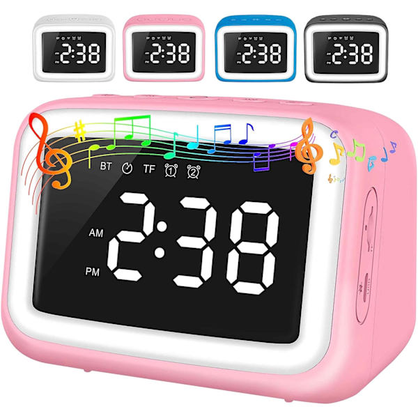 Barnväckarklocka med Bluetooth-högtalare för sovrum, Ok to Wake-väckarklocka för barn med dimbar nattlampa, digital klocka med dubbla alarm, snooze Pink