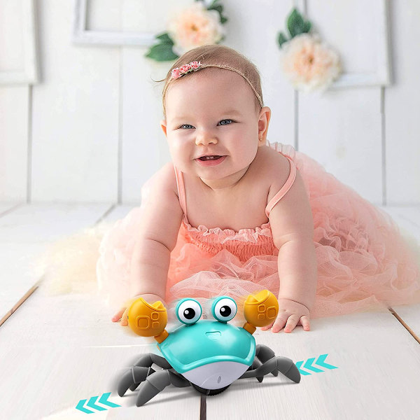 Grøn kravlende krabbe baby legetøj med musik og LED lys til børn, interaktivt legetøj til småbørns udvikling med automatisk undgåelse af forhindringer