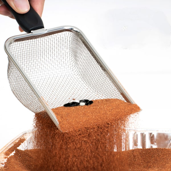 Rostfritt stål reptil sand botten spade spade sil finmask metall reptil sopor rengöring spade（2mm hål）