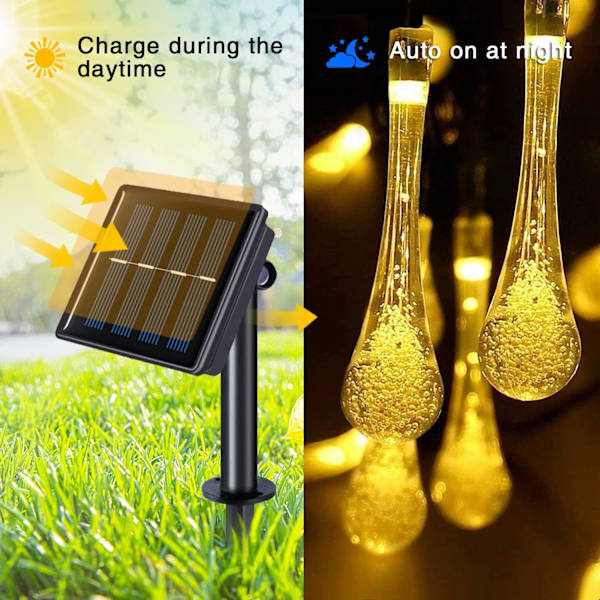 2-pack solcellslampor med vattendroppar, totalt 41,6 fot 60 LED solcellslampor utomhus vattentäta, solcellslampor för trädgårdar uteplats Y Warm White