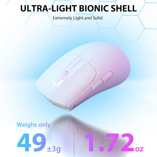 Trådlös Spelmus med Tri-lägen BT 5.1/2.4Ghz/USB-C, Lätt 49g, PAW3212 Optisk Sensor, Uppladdningsbart Batteri, RGB LED Bikake Mus White