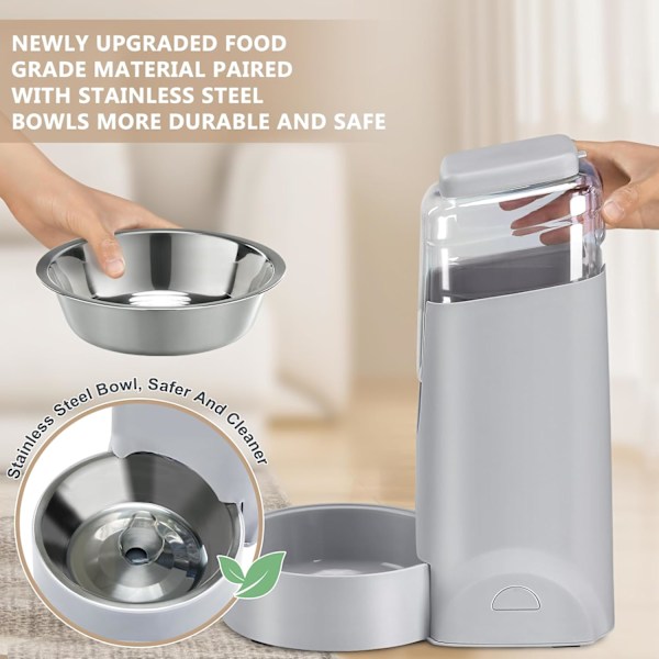 2-pack automatisk kattmatare och vattenbehållare med rostfritt hundskål gravitation självmatning för små medelstora husdjur valp kattunge 1 gallon x 2 ( Grey