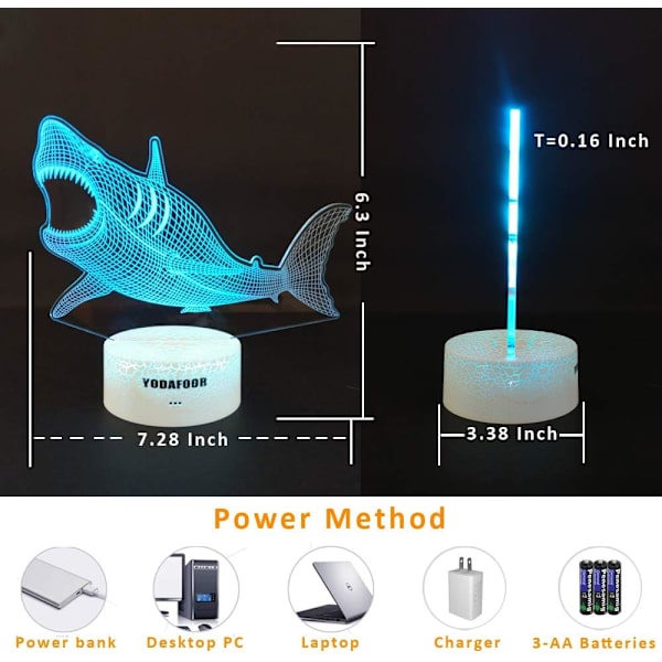 3D Illusion Haj Nattlampa för Barn Megalodon Haj Leksak Jul Födelsedagspresenter för Pojkar Flickor Barn Baby 7 Färger Fjärrkontroll Skrivbordslampa