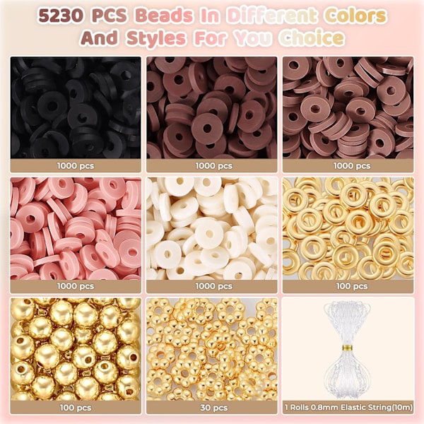 5200+ st bruna lerpärlor armbandssats, Heishi-pärlor polymer lerpärlor för smyckestillverkning, vänskapsarmbandssats med guld pärlor berlocker f