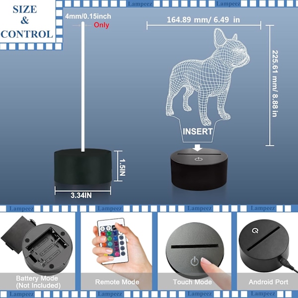 3D Fransk Bulldog Nattlampa, 16 Färger Växlande Optisk Illusionlampa med Fjärrkontroll Födelsedag Jul Alla Hjärtans Dag Present Idé för Småbarn Pojkar Flickor