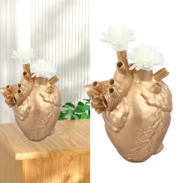 Kreative anatomiske hjertevaser i harpiks, skulptur i hjerteform, kunstneriske blomstervaser, skrivebordsdekorasjon for stue Gold