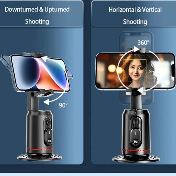 Automatisk ansiktsföljande stativ, ingen app, 360° rotation ansikte kropp telefonkamerafäste med laddningsbar påfyllningslampa och fjärrkontroll, smart fotograferingshållare för Vlog dark black