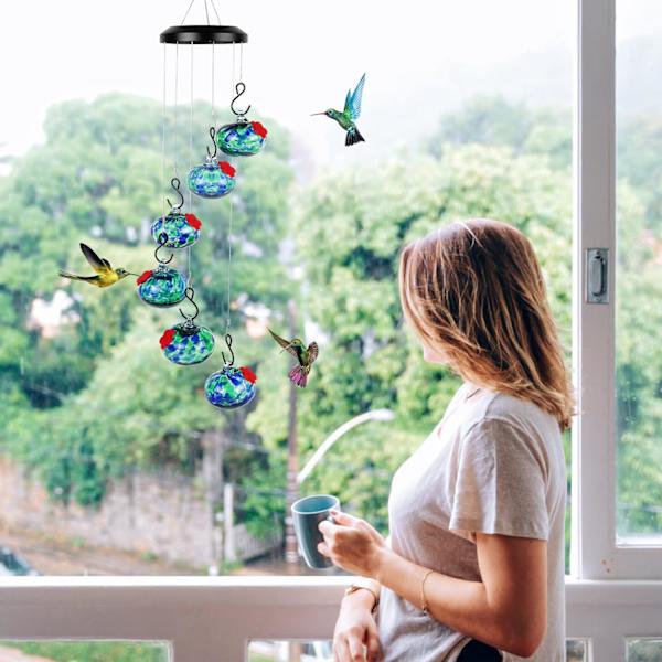 Charmiga vindspel Hummingbird-matare för utomhus hängande myror och bin bevis, läcker aldrig, perfekt trädgårdsdekoration för utomhus Blue