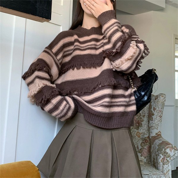 Dam Fashion Långärmad Randig Färgblock Stickad Tröja Rund Hals Lös Pullover Jumper Toppar