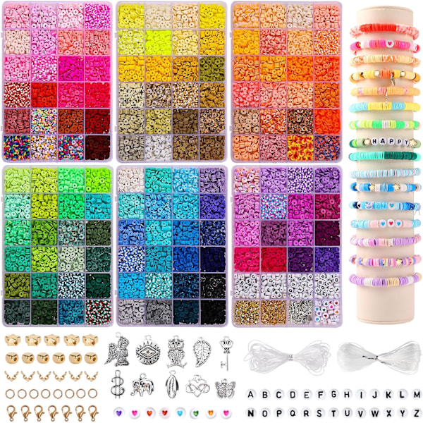 14000 PCS 136 Färger Lera Pärlor Armband Tillverkning Kit 6 Lådor Vänskap Armband Kit Platt Polymer Lera Pärlor Distans Heishi Pärlor för Smycken Tillverkning w