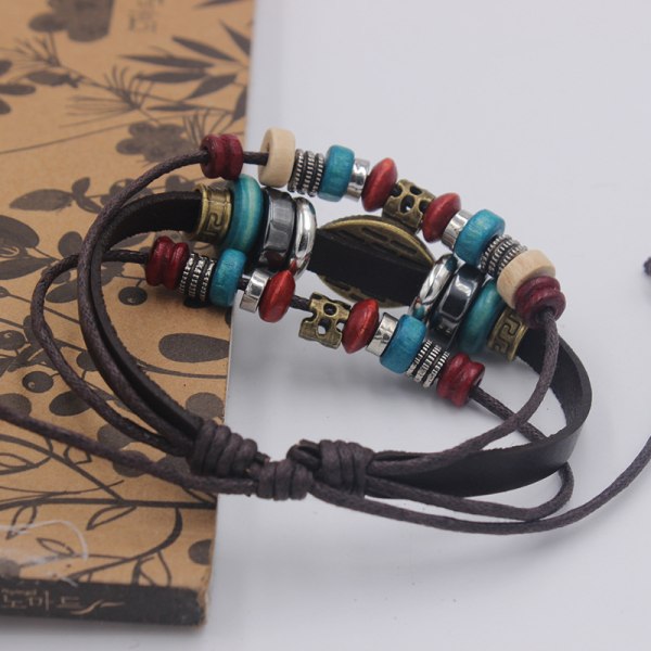 Läder Hand Woven Läder Cord Armband Charm Turkiska Blå Öga Glas Etnisk Stil Armband