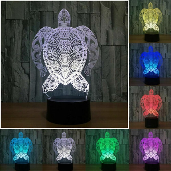 7 Fargeskiftende nattlampe 3D Atmosfære Pærelys 3D Visuell Illusions LED Lampe for Barn Leke Julegave Bursdagsgaver (Skilpadder)