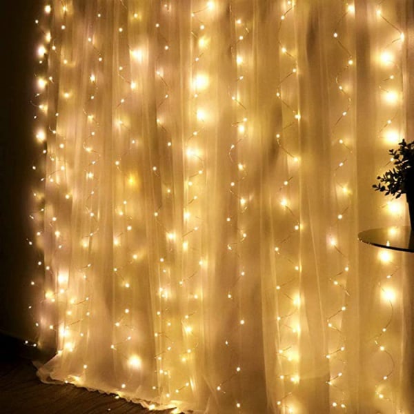 Fairy Lights Vattentät Gardin String Lights 3Mx3M, Curtain Fairy Lights inomhus, 300 LED-ljus för sovrum utomhus julträdgård (varm vit)