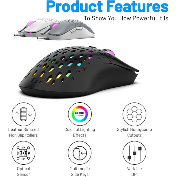Trådbunden Spelmus, Lättvikts RGB Spelmus, 4 Justerbara DPI Upp till 3600, 6 Programmerbara Knappar, Ergonomisk Datormus för Windows/PC/Mac