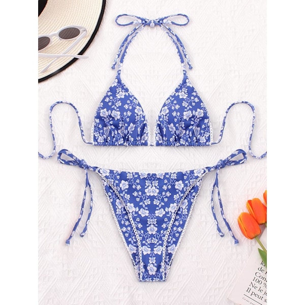 Bikinis badedraktsett for kvinner badedrakt trekant badedrakt slipsstreng truse Blue Floral XL