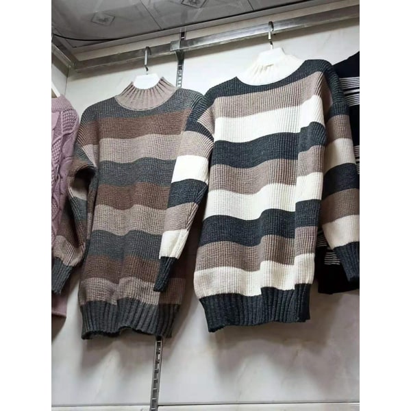 1 st 2022 Höst Vinter Dam Långärmad Stickad Tröja Turtleneck Randig Lös Pullover Toppar Deco