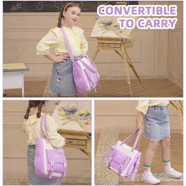 Jente Ryggsekk, 3stk Sett Ryggsekk for Jenter med Anti-tyveri Baklomme, Vannbestandig Tote Bag med Blyantveske for Barneskole 3pcs Set-purple L